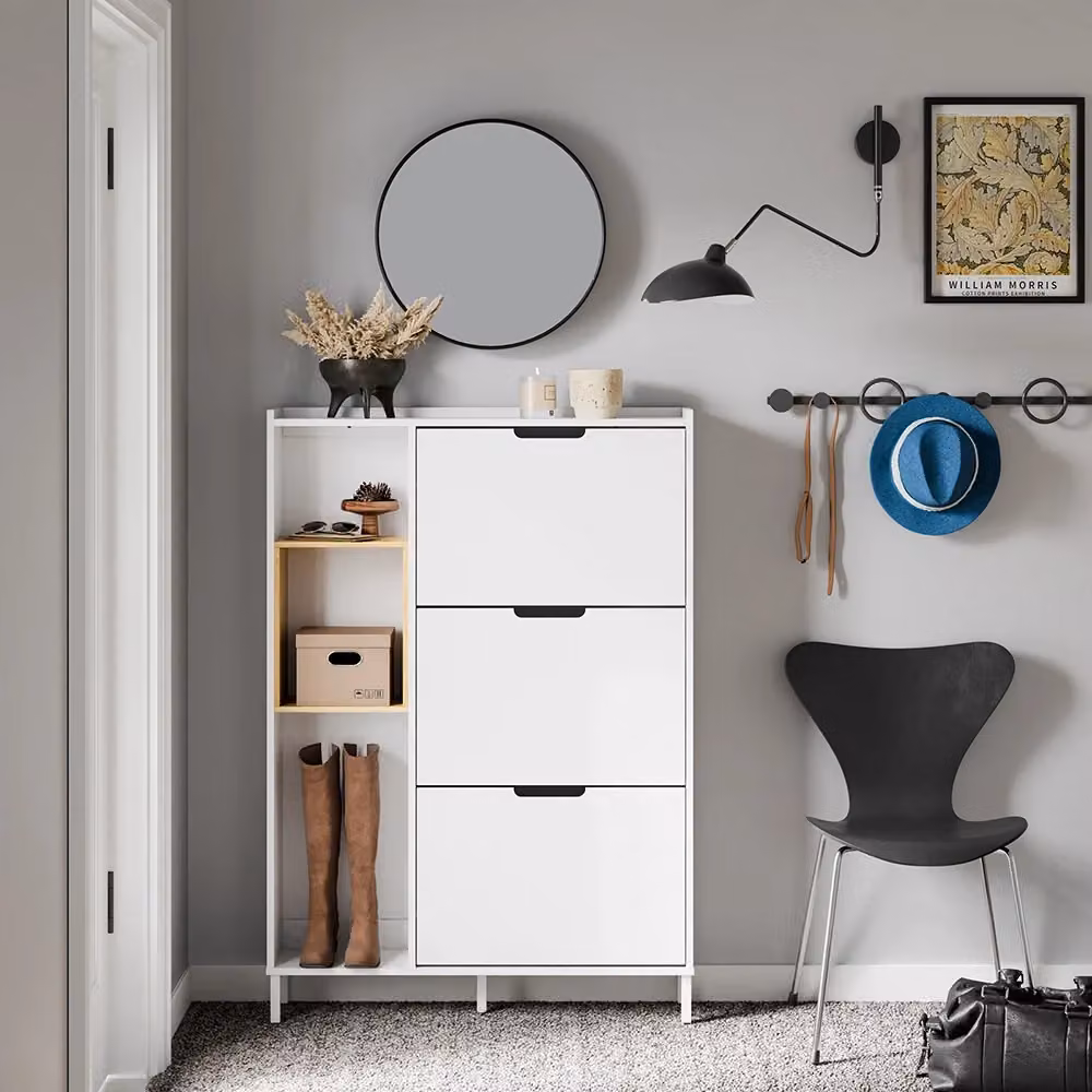 SoBuy Scarpiera Slim per Ingresso e Corridoio con 3 Porte a Ribalta, Bianco e Bamboo, L 90,2 cm x P 19,1 cm x H 129,6 cm – 2