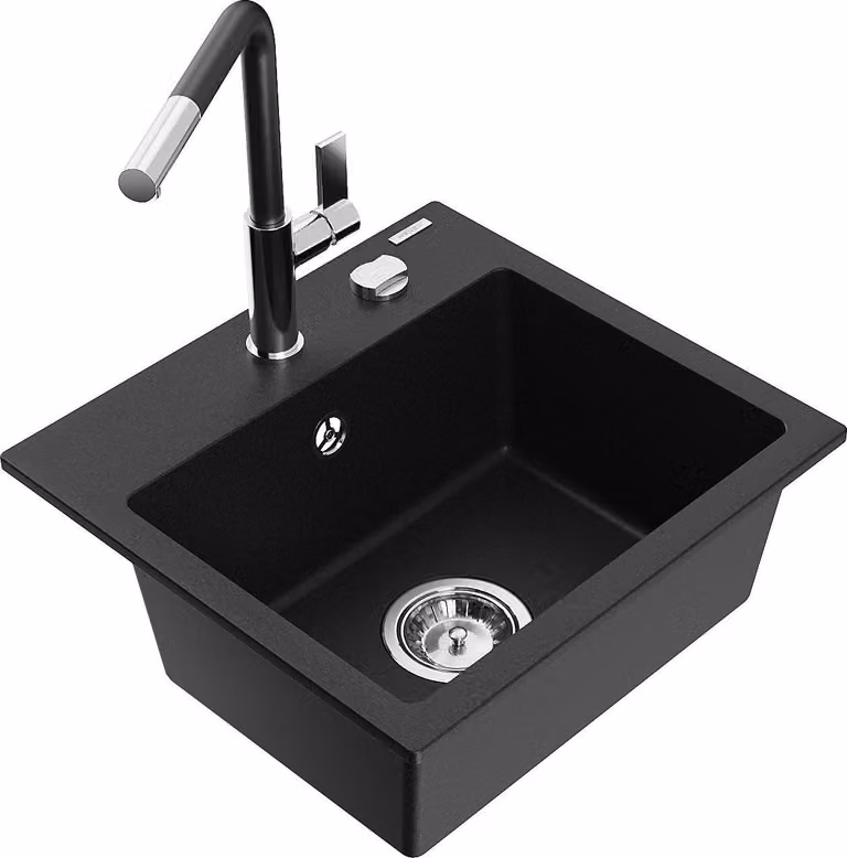 Mexen Milo lavello da cucina in granito a 1 vasca con miscelatore Flora, nero - 6505-77-670401-07
