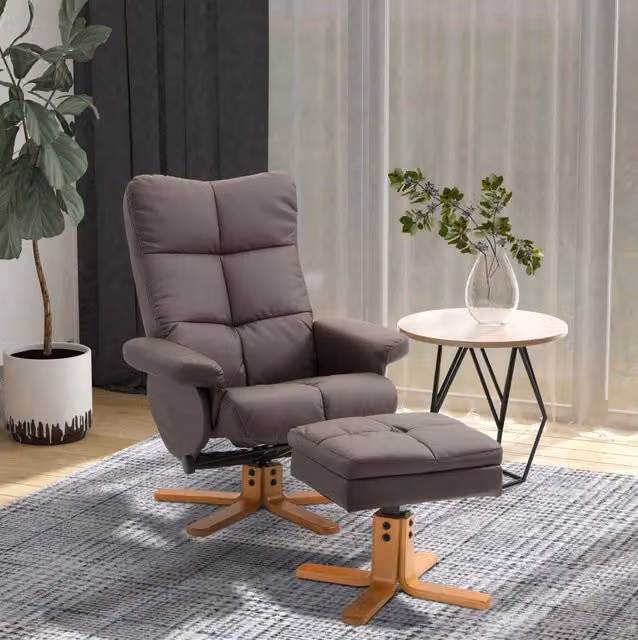 Poltrona relax con poggiapiedi, schienale reclinabile 145°, girevole 360°, struttura in legno e PU, marrone 80x86x99 cm