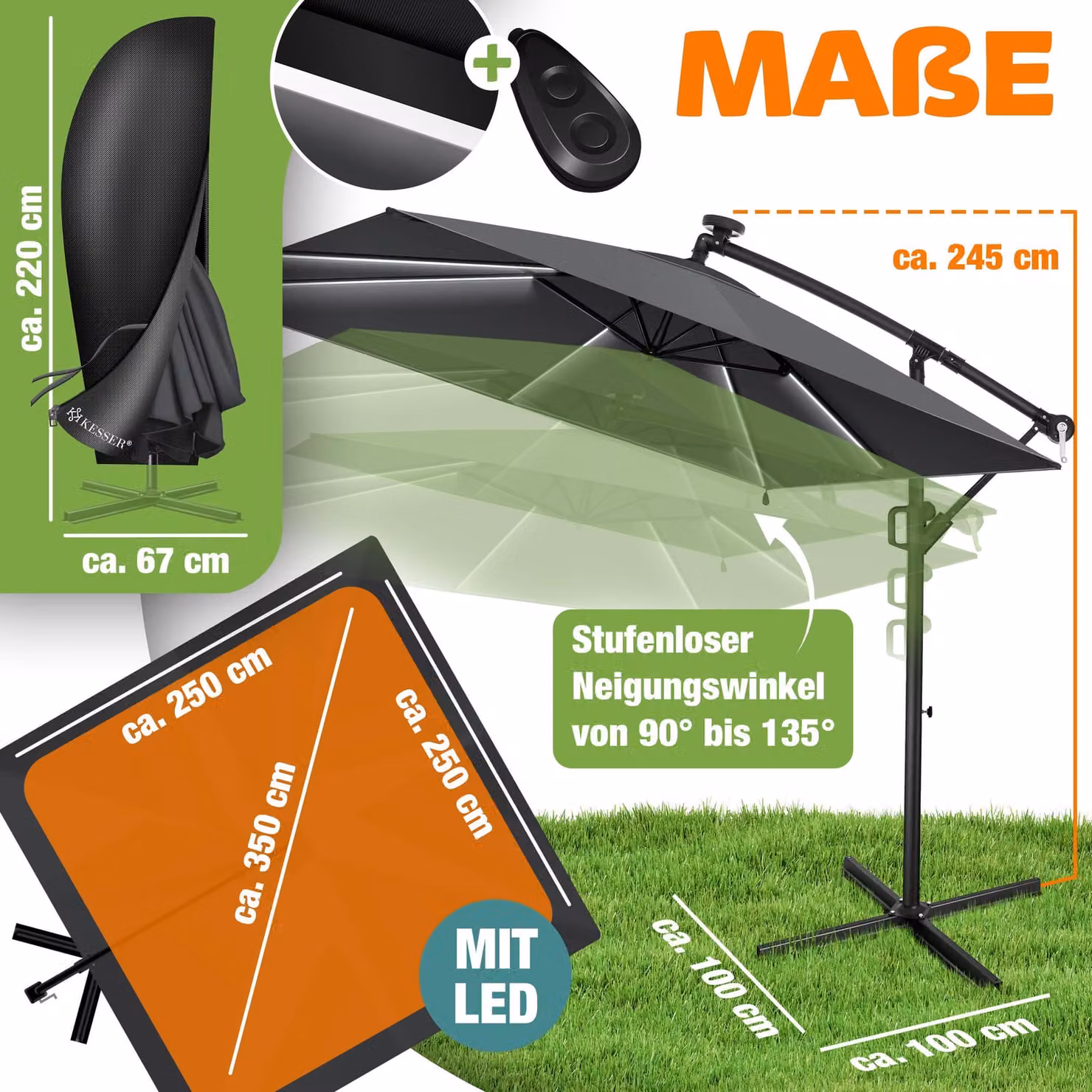 KESSER® Parasole per pergolati modello Holly, forma rettangolare, diametro 350 cm, con/senza illuminazione solare a LED, inclusa copertura