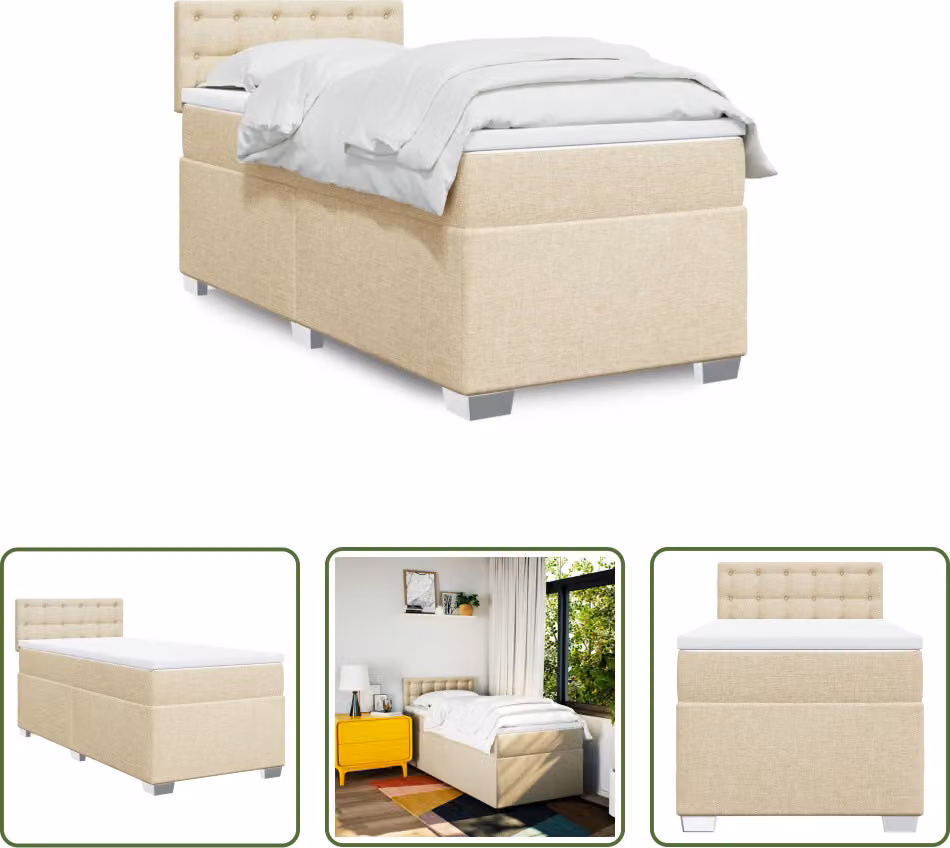 The Living Store Letto a molle con materasso crema 90x200 cm in tessuto