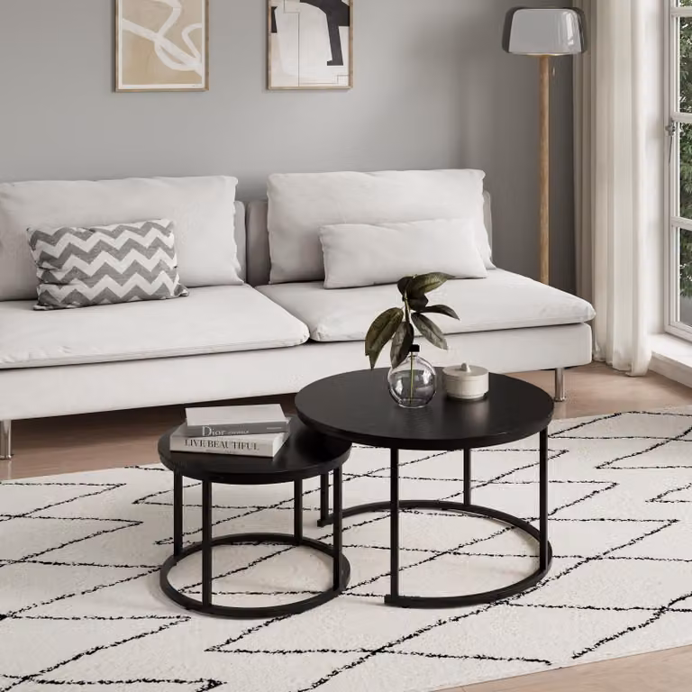 Set di 2 tavolini rotondi in legno, tavolo da salotto moderno in nero, set di tavolini 2 in 1 con struttura in metallo per soggiorno