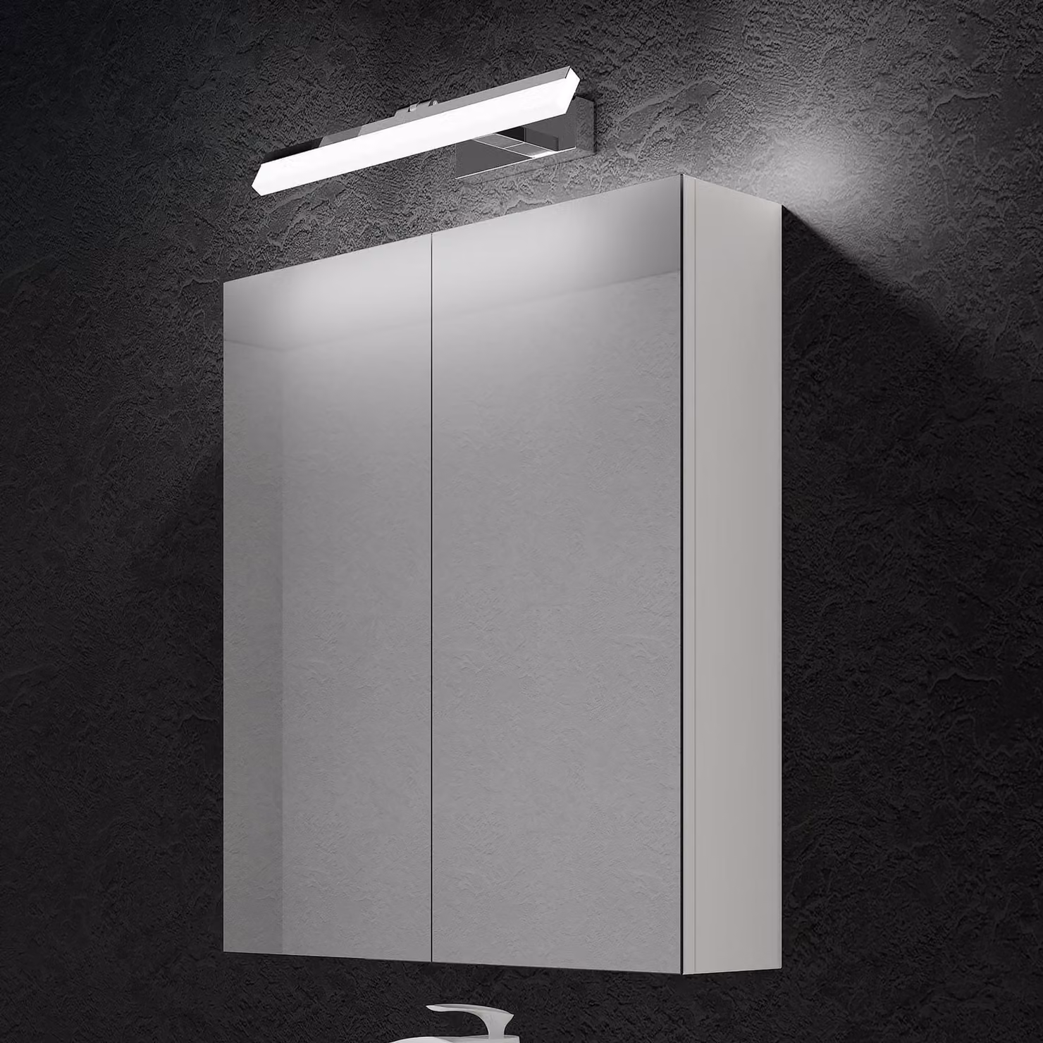 doporro Armadietto a Specchio 60x15x70cm con Lampada da Specchio LED per Bagno 40cm, 9W 6000K, Specchiera Bagno Mobilettto da Parete Bianco con 2 Ante e Applique Specchio Cromo, Spiegelschrank 02