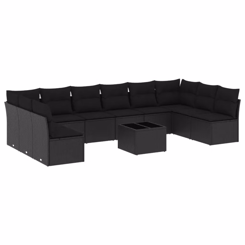vidaXL Set Divani da Giardino 11 pz in Polyrattan Nero con Cuscini e Tavolino da Esterno – 2