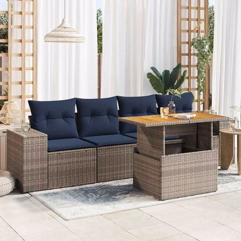 Set Divano da Giardino vidaXL 5 Pezzi con Cuscini in Polyrattan e Acciaio, Grigio e Blu