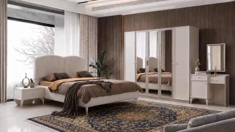 Set per camera da letto: armadio, letto, testiera, comodino, specchio, cassettiera