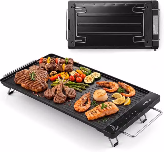 Piastra grill elettrica da tavolo da 1300W con termostato regolabile, display digitale e manici retrattili, colore nero e finiture in acciaio inox