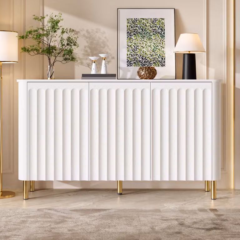 Mobile bar/credenza Merax con 3 ante, cassettiera con rilievi a colonna e bordo ondulato, mobile per soggiorno senza maniglie, con gambe in metallo, in MDF, colore bianco