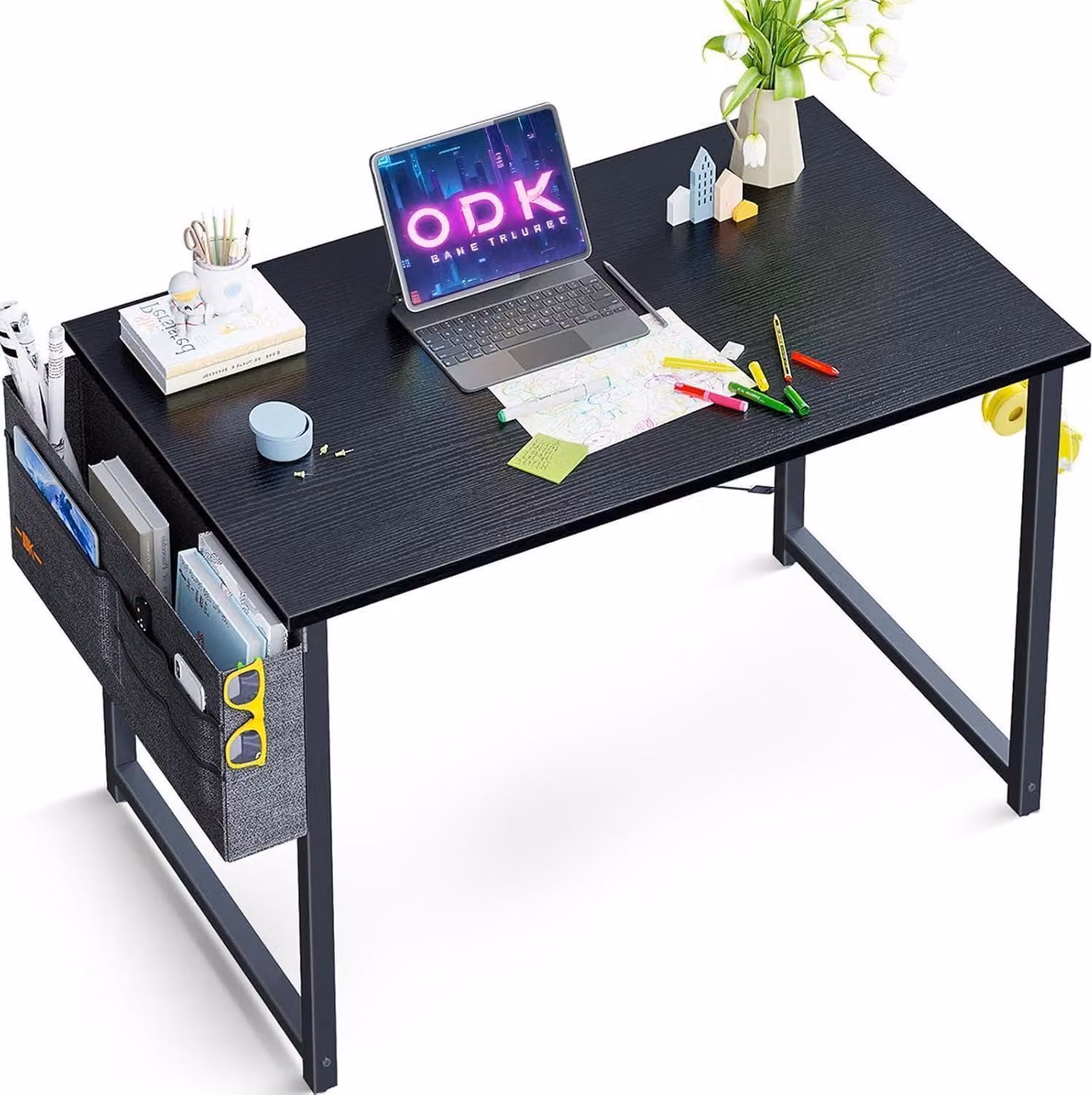 ODK Piccola scrivania con supporto per cuffie e borsa portaoggetti, nero