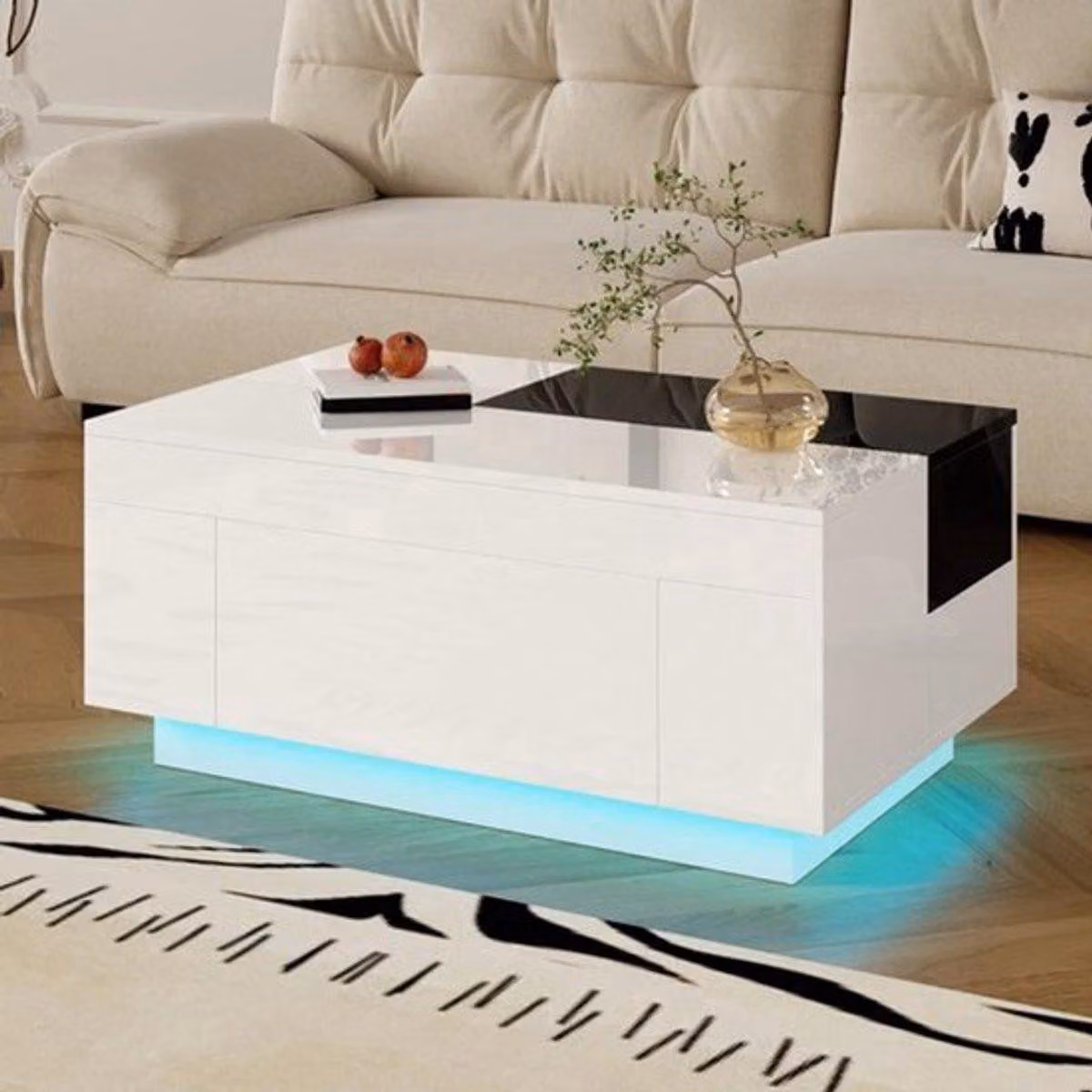 Tavolino regolabile - bianco con dettagli neri - finitura lucida con illuminazione a LED