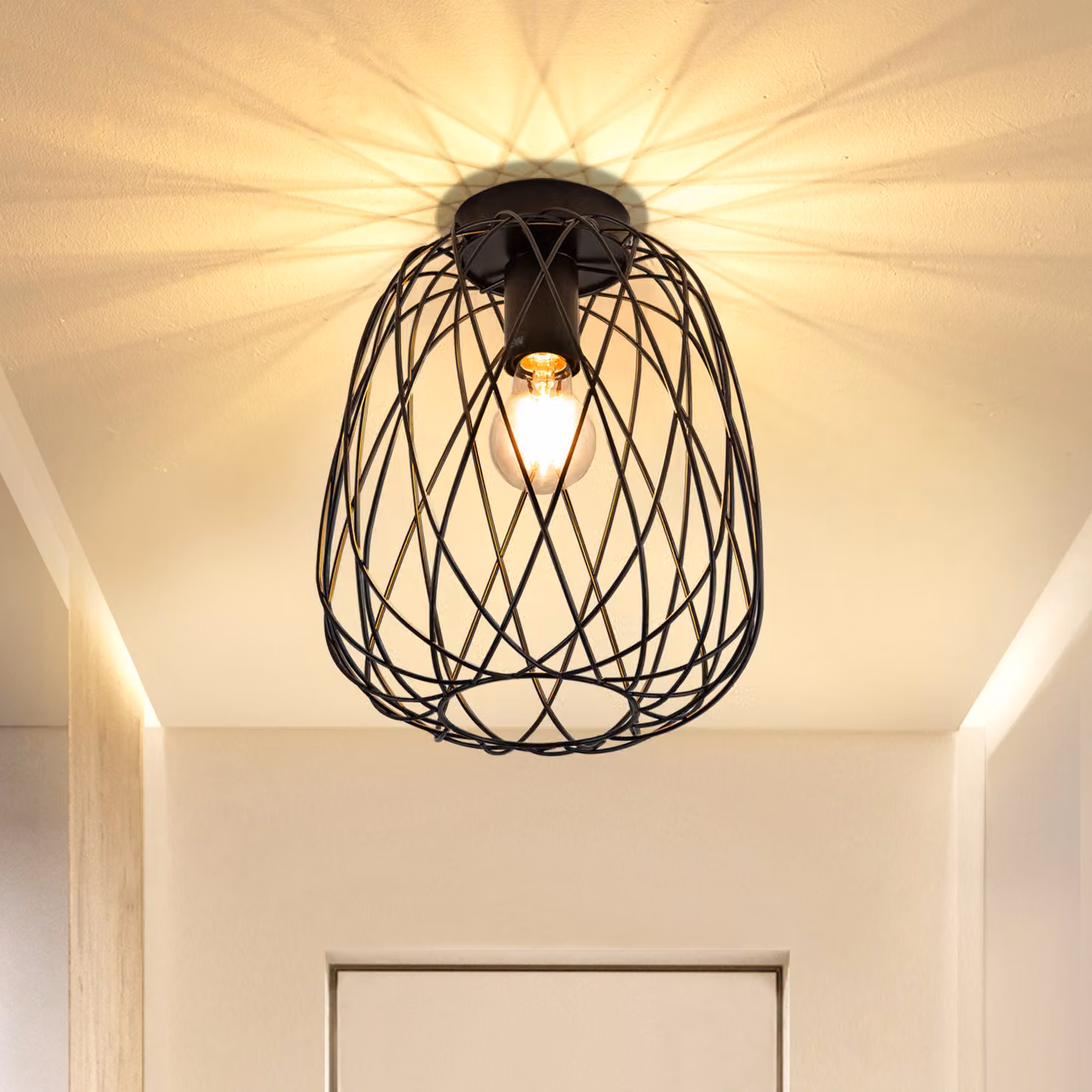 ZMH Lampada da soffitto Nero Vintage Plafoniera 1 Fiamma E27 Lampada Portalampada Metallo soffitto Sala da pranzo Lampada Gabbia Singolo corridoio Max.40W, Ø 25cm