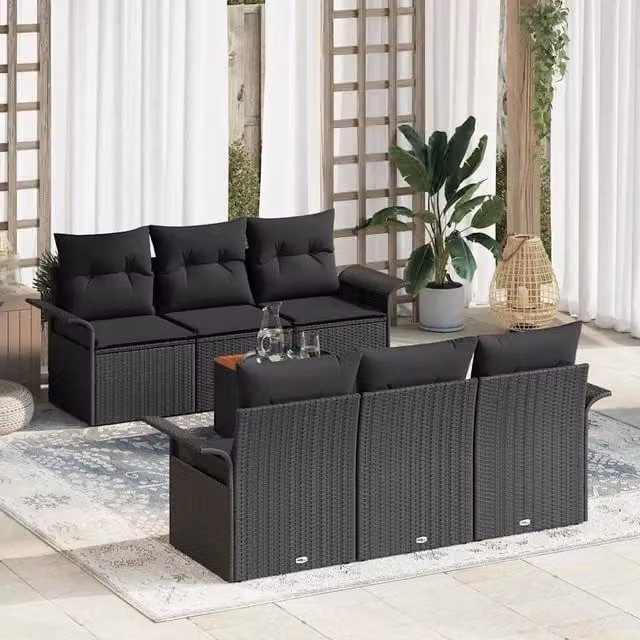 Set Divano da Giardino 7 pz 6-Numero di posti Nero polyrattan 3355944