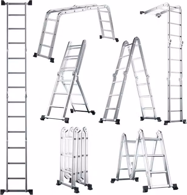 Scala pieghevole multifunzionale 7 in 1 in alluminio argento con piedini antiscivolo, H: 371 cm, L: 61 cm, P: 15 cm