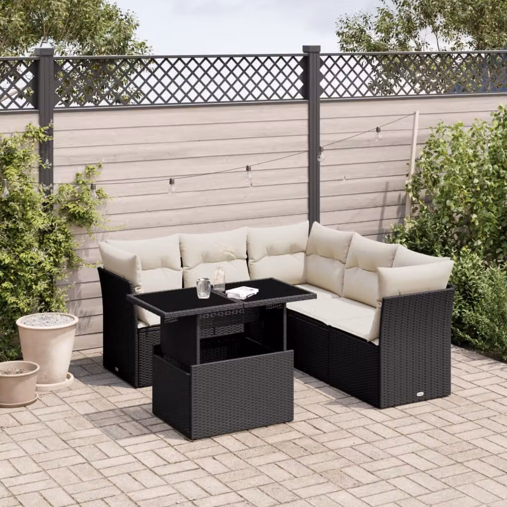 Set Divano da Giardino vidaXL 6 pz a L con Cuscini, Nero e Bianco, in Polyrattan con Tavolino e Struttura in Acciaio Verniciato a Polvere – 1