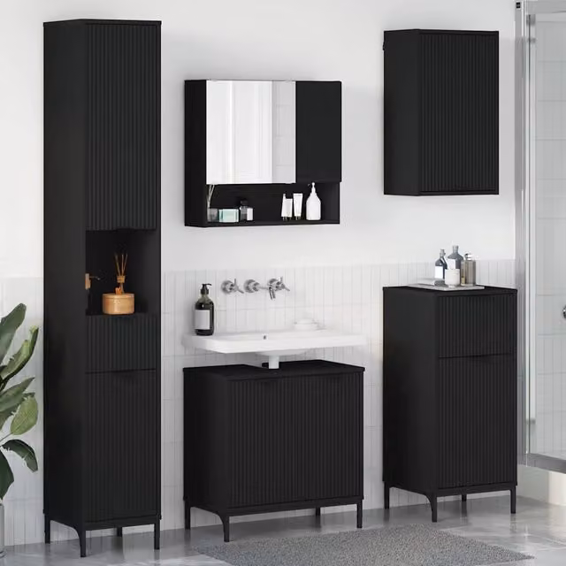 Set di mobili da bagno moderni vidaXL in nero con base lavabo, pensile e colonna, in MDF e metallo, L/P/H: 190 x 64,95 x 60,5 cm – 1