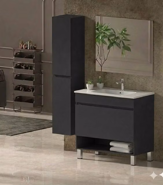 Mobile Bagno NEBARI com gambe Già Montato 1 cassetto, lavabo e specchio Grafite 80x40 cm con colonna