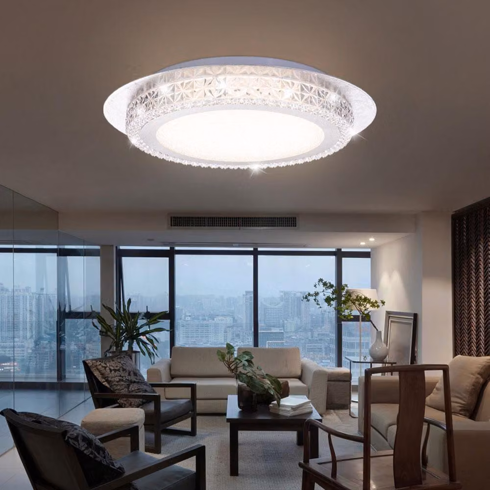 Plafoniera LED, foglia argento, cristalli, DMxH 35x6,1cm