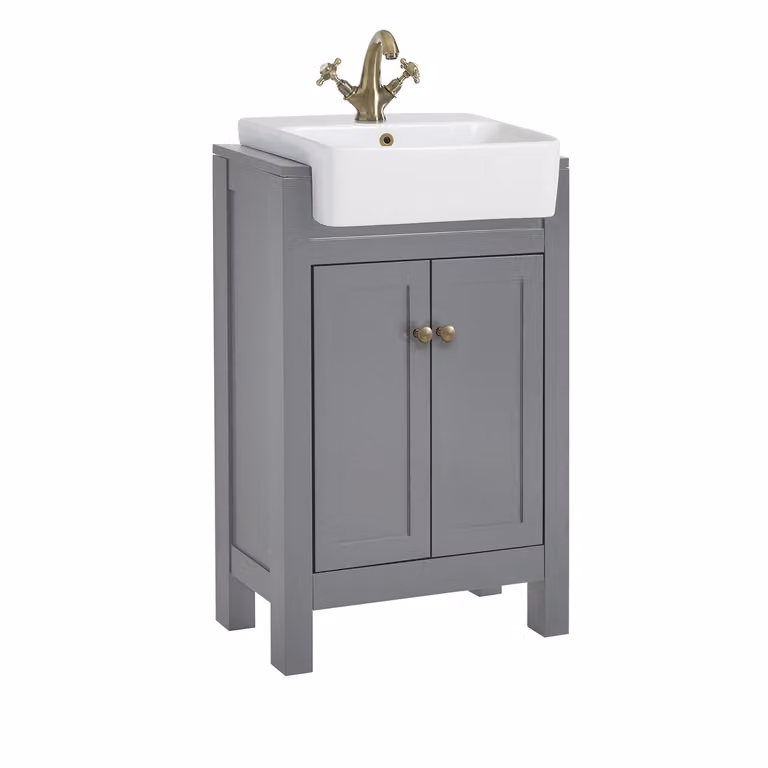 Mobile Bagno Grigio Chiaro da 550mm con Lavabo e  Maniglia Classica Rotonda in Ottone Spazzolato - Warwick