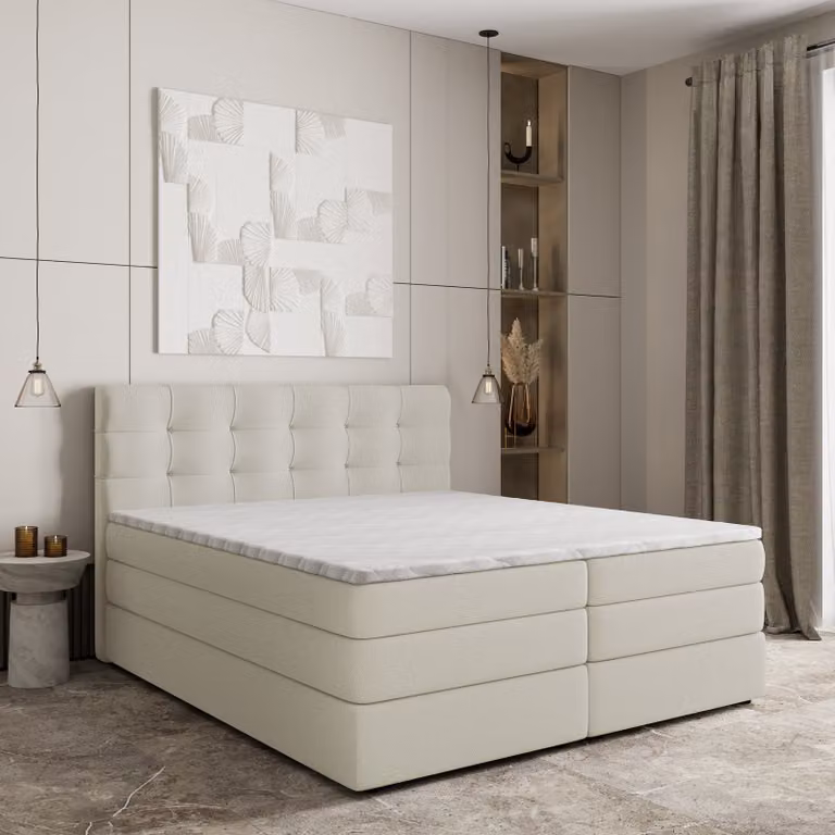 Letto a molle masseno AREZI 140x200 cm completo di materasso bonell e topper, letto imbottito con cassettiera - crema, SORO 02