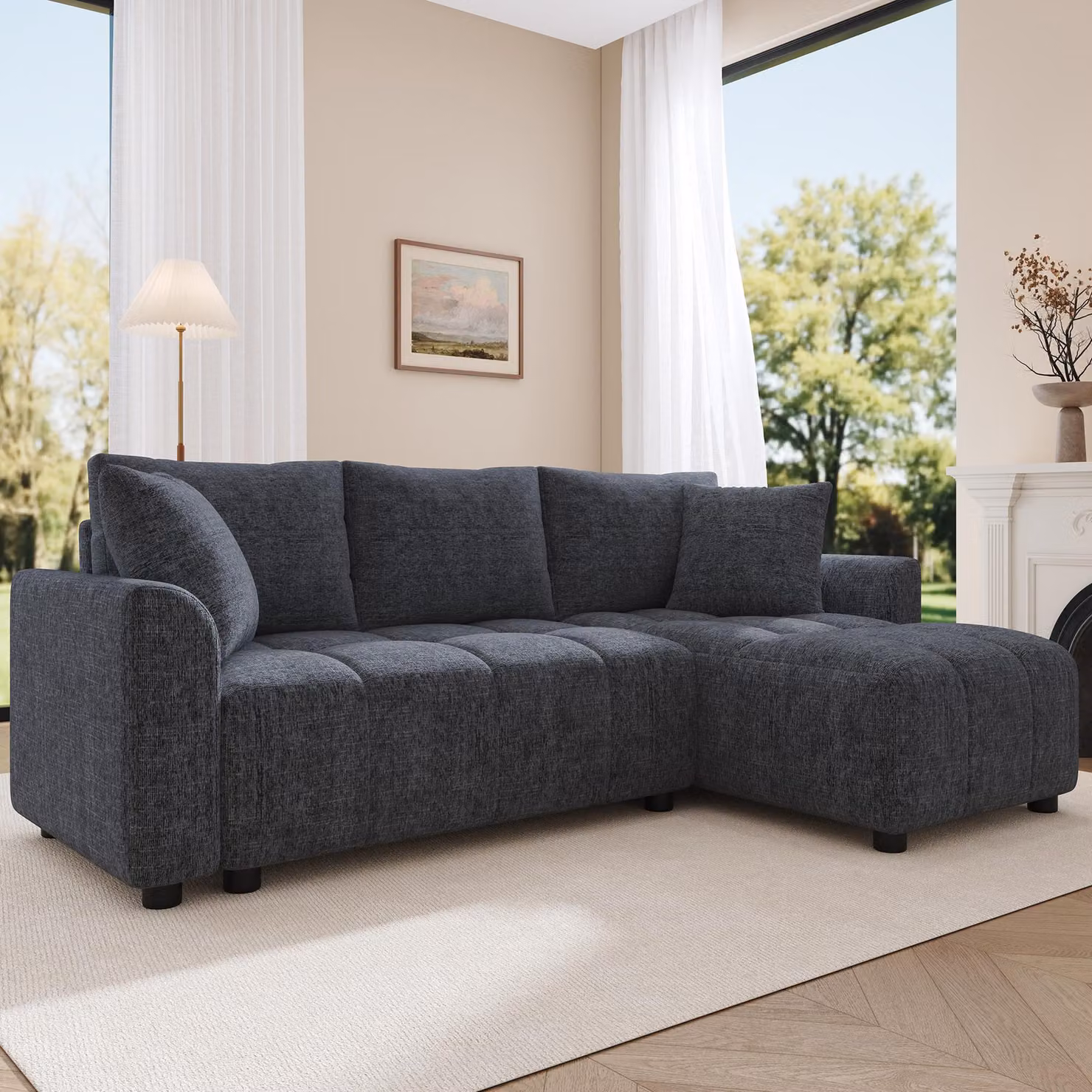 Divano a 3 posti Merax, divano angolare a L con chaise longue, tessuto ciniglia, divano per soggiorno e appartamento, con 2 cuscini, divano, divano letto, grigio