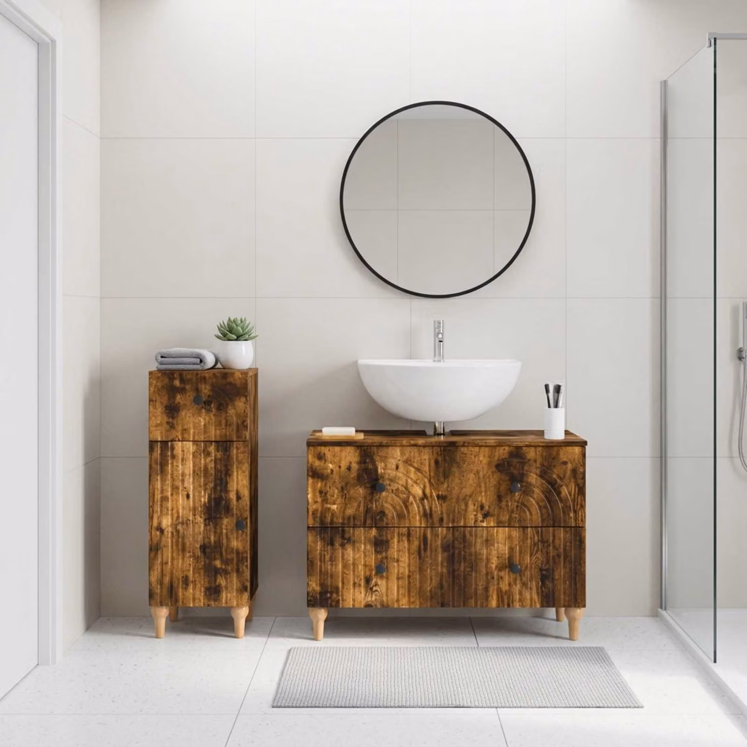 Set di mobili da bagno vidaXL ALKMAAR composto da 2 pezzi in legno Rovere Fumo marrone con mobile sottolavabo e mobile laterale moderno