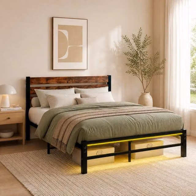 Letto 120 × 200 cm con testiera; LED RGB regolabili tramite app; rete in metallo e spazio sottostante; marrone antico