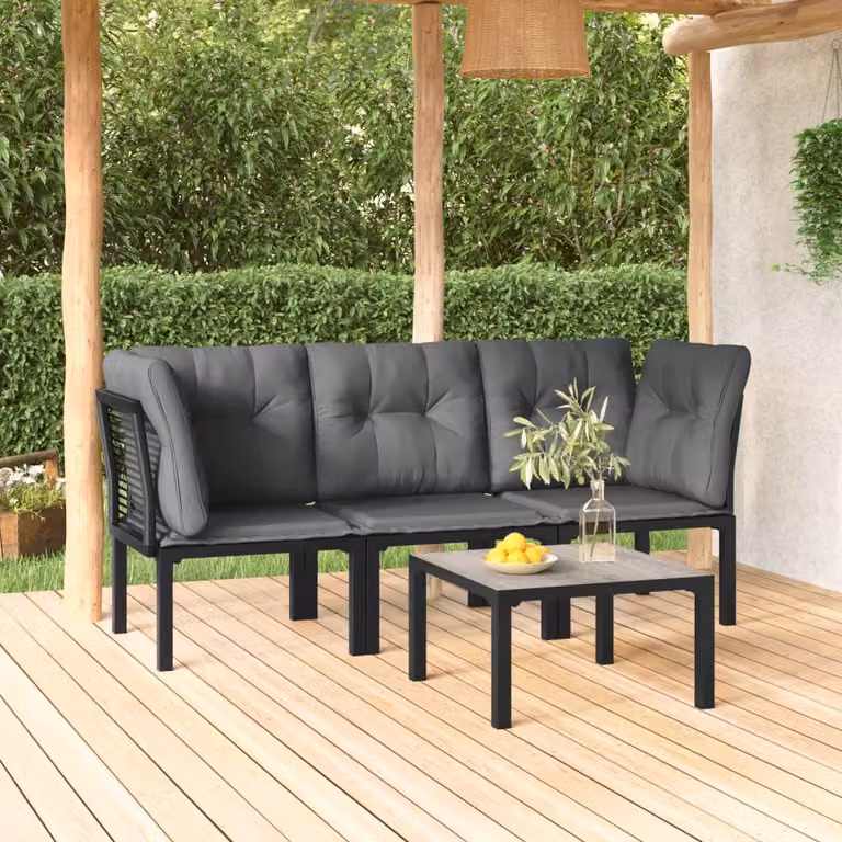 Set Salotto da Giardino vidaXL 4 pz in Polyrattan con Cuscini Nero e Grigio