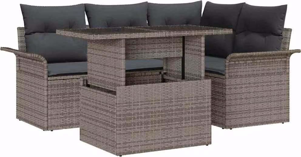 Set Divano da Giardino con cuscino 5 pcs Grigio Poly Rattan