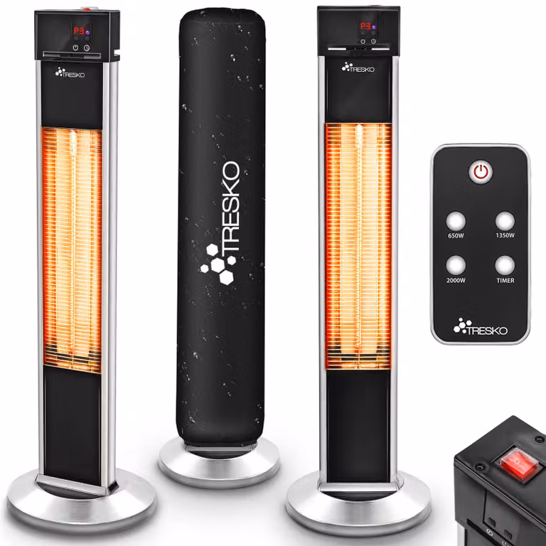 TRESKO riscaldatore a infrarossi da piedistallo 2000W con telecomando e copertura | riscaldatore elettrico da terrazza con 3 impostazioni di calore | riscaldatore da terrazza per interni ed esterni | riscaldatore a infrarossi con display a LED