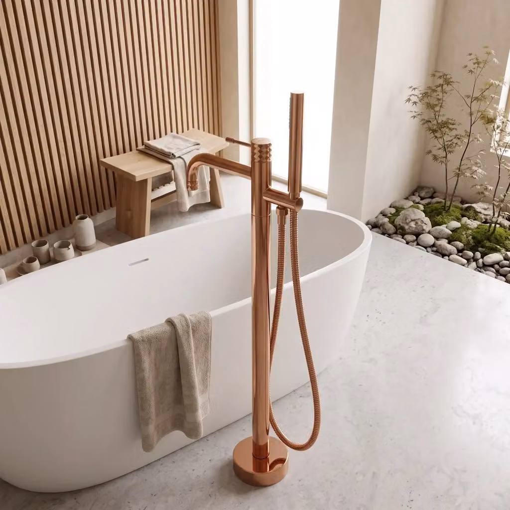 Rubinetto a pavimento per vasca Rea Lungo Diamond Copper con miscelatore monocomando in ottone color oro e bronzo – 2