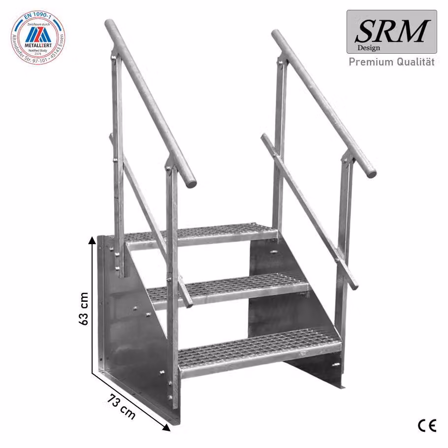 Scala a tre gradini, modello 1, zincata, larghezza 160 cm, altezza 63 cm. 2 corrimano angolari