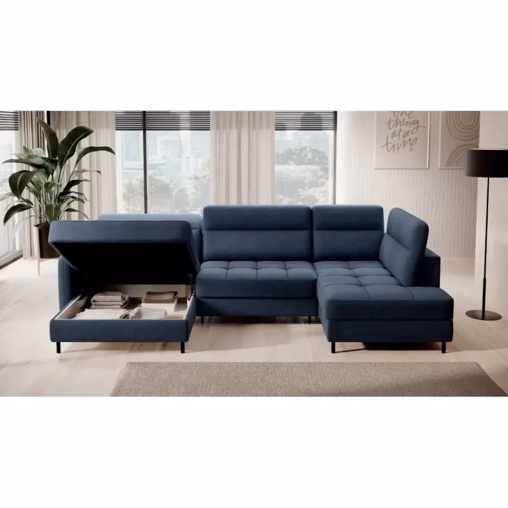 Divano ad angolo convertibile BERTHO MEUBLORAMA blu con contenitore e funzione letto, angolo sinistro, L: 306 cm x P: 166 cm x H: 100 cm – 2