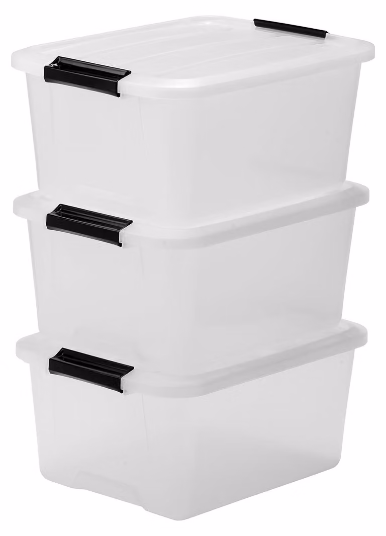 Contenitore di stoccaggio Iris Ohyama con coperchio, 15 litri, set da 3, trasparente, con chiusure a scatto e maniglie, impilabile, resistente e durevole, ideale per abbigliamento, garage, casa, ufficio, contenitore in plastica, modello TB-15
