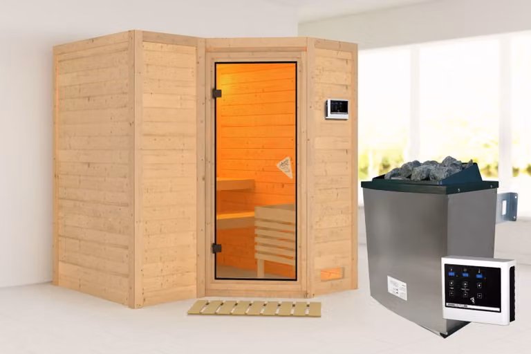 Sauna Sahib 1: senza luminosa sul tetto: 9 kW, stufa finlandese + centralina Easy Finn. Sauna: Bronzato, porta in vetro intero. luminosa sul tetto: assente. Stufa della sauna: 9 kW, stufa finlandese + centralina Easy Finn. Porta della sauna: Bronzata, in