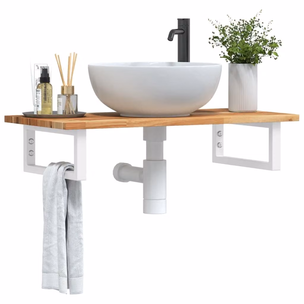 vidaXL Ripiano a Parete per Lavabo in Accacia e Metallo, Bianco e Marrone, L: 40 cm, P: 17 cm, H: 3 cm
