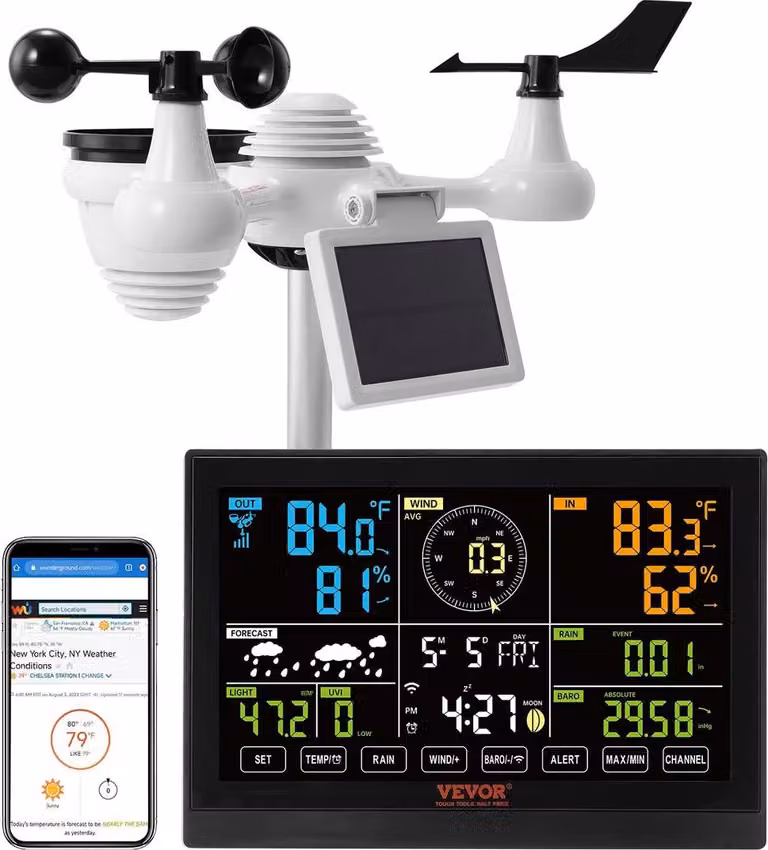 Stazione meteorologica Wi-Fi 7 in 1, display a colori da 7,5 pollici, stazione meteorologica domestica per interni ed esterni, con sensore solare wireless per esterni Allarmi, per temperatura, umidità, velocità/direzione del vento, pioggia