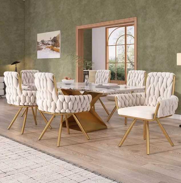 Set di 6 sedie da pranzo girevoli 360° con braccioli in velluto beige e gambe in metallo