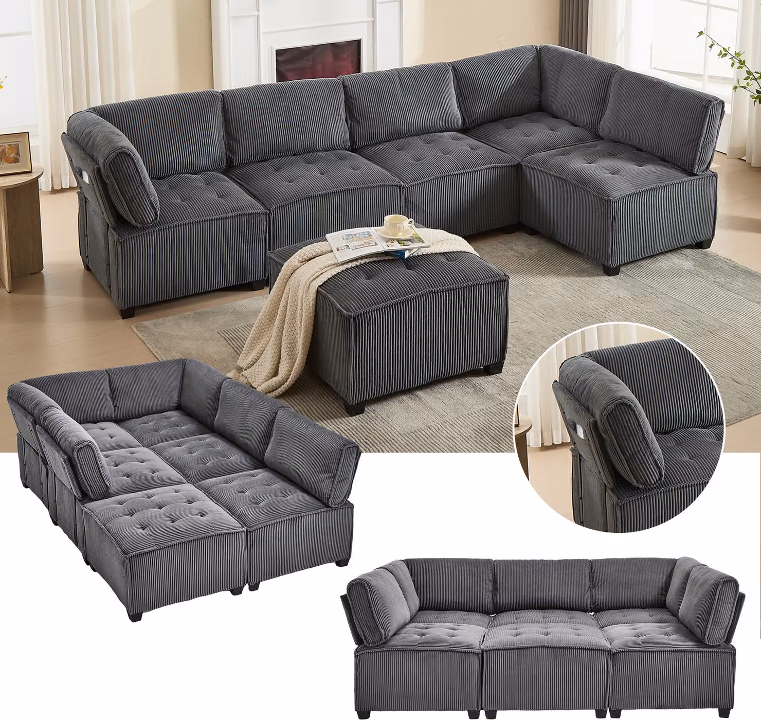 okwish Divano angolare, divano relax, divano a 6 posti con vani portaoggetti, configurazione flessibile a forma di U/L/letto letto, grigio