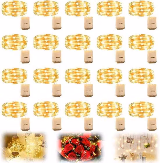 20 catene luminose a batteria - 2 m x 20 LED - luce bianca calda - catene luminose impermeabili - mini catene luminose per camere da letto e feste.