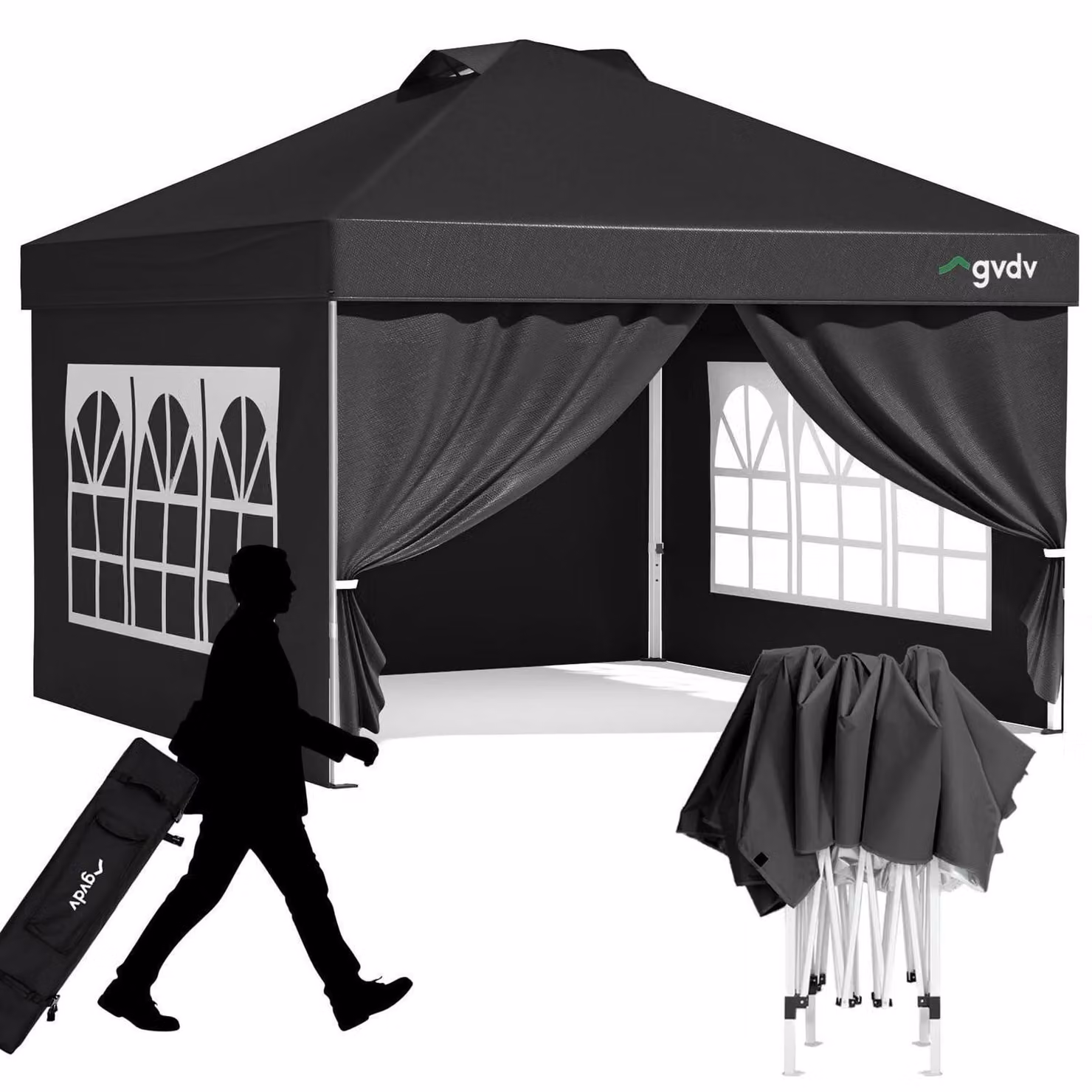 Gazebo da esterno 3x3 metri, impermeabile, stabile, resistente alle intemperie invernali, con 4 pareti laterali e borsa per il trasporto, altezza regolabile, protezione solare UPF 50+, colore nero