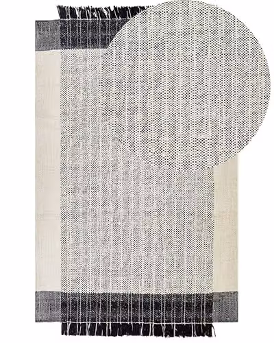 Tappeto moderno in lana con frange decorative 140 x 200 cm in bianco e nero
