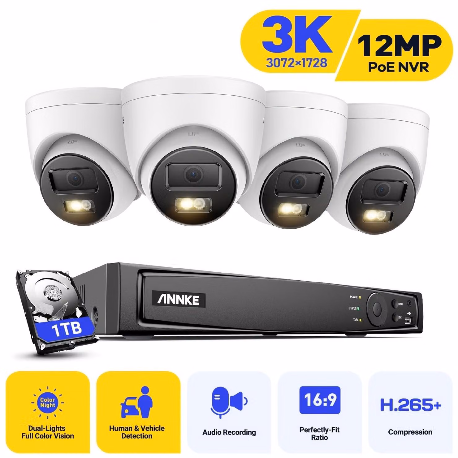 Kit di telecamere di sicurezza - Sistema di videosorveglianza - Telecamere di sicurezza - Kit di telecamere IP - Sistema di videosorveglianza CCTV - 4 telecamere PoE da 3K