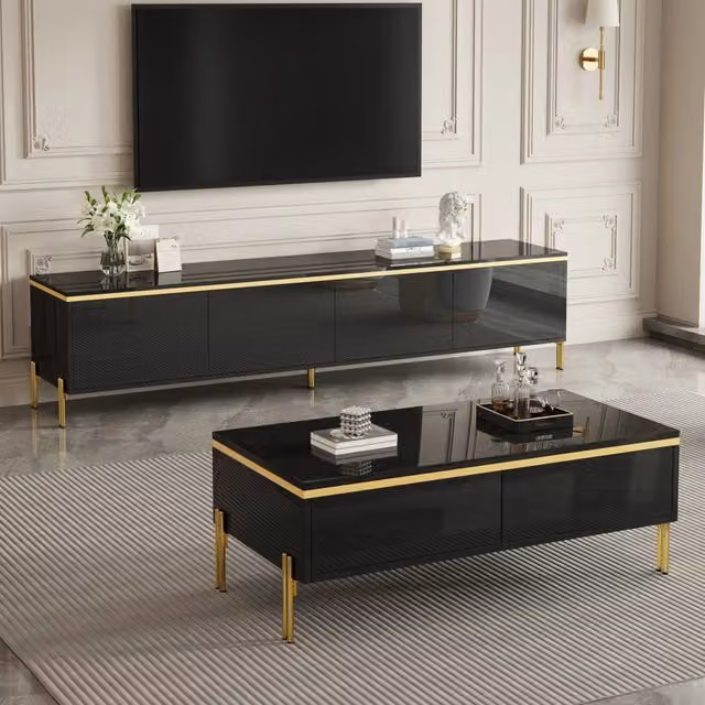 Set mobile TV e tavolino 170x38x50 cm e 100x50x36 cm con contenitori in pannello truciolare nero