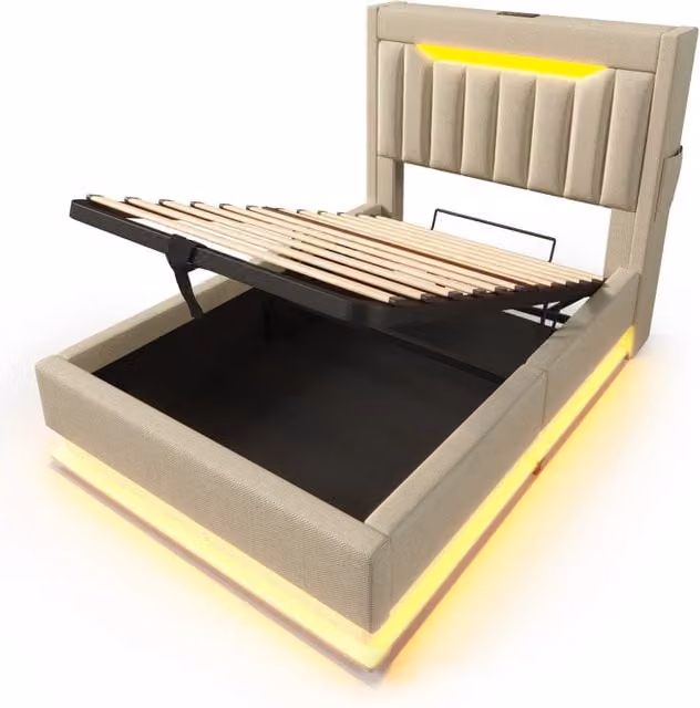Letto singolo imbottito 90x200 cm con spazio contenitore, testiera con porte USB e Tipo-C, illuminazione LED Beige in lino (senza materasso)