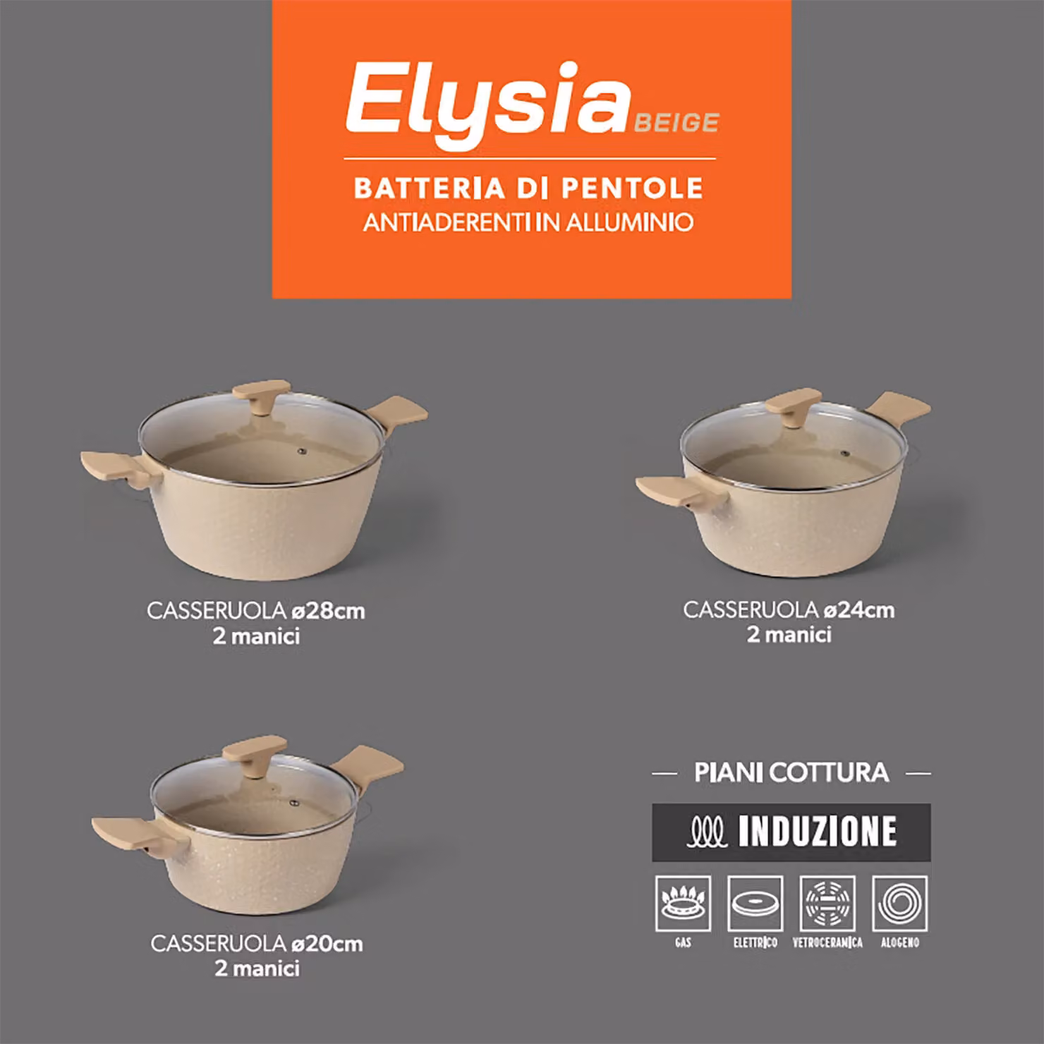 GUSTO CASA Batteria di Pentole Elysia Beige 6 Pezzi in Alluminio con Rivestimento Antiaderente e Coperchi in Vetro, Compatibile con Induzione – 3