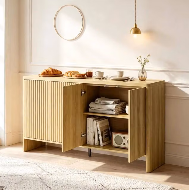 Sideboard in rovere con ante push-to-open, 147x40x77 cm, design contemporaneo