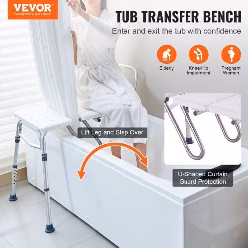 Panca di trasferimento per vasca VEVOR regolabile con schienale reversibile e protezione per tende a forma di U, bianca, L/P/H: 92 x 61 x 92,5 cm, portata 180 kg