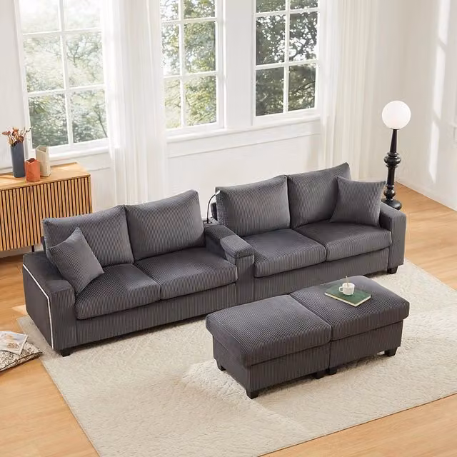 Divano a U in velluto costato - Xylo - 334x128,5x81cm - Grigio - 2 sgabelli, luce lettura, vassoio, porta-bevande, USB/Type-C, braccioli LED
