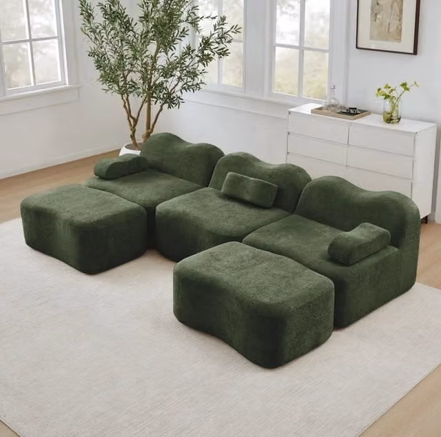 Divano modulare a U 288x167x70 cm in velluto verde con schiuma 32D