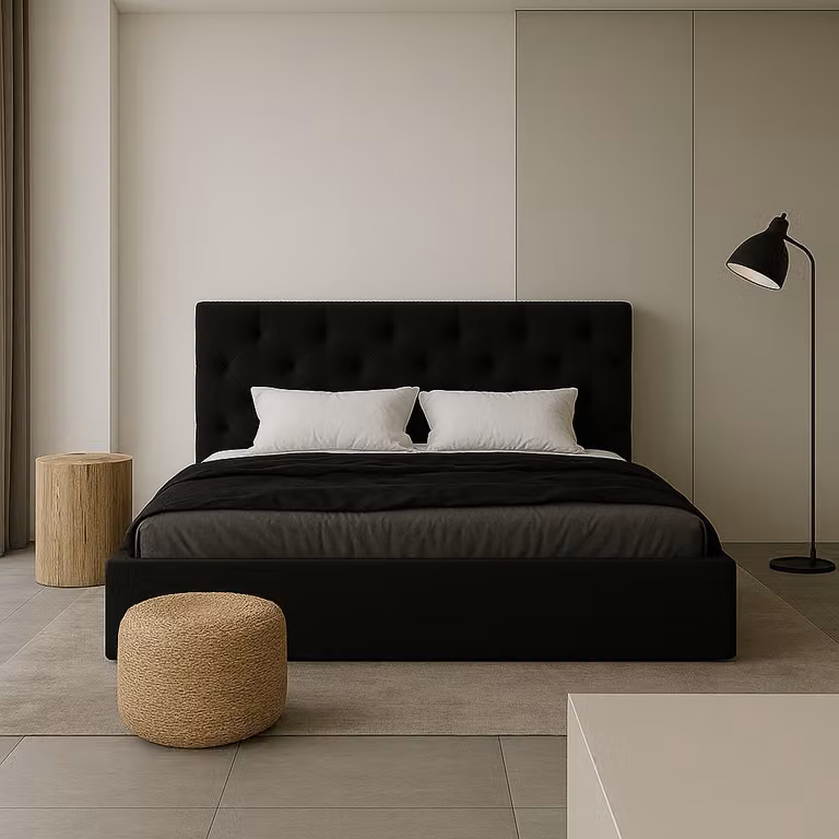 GUTTO Letto imbottito matrimoniale 90 x 200, in velluto - con spazio contenitore, contenitore e rete a doghe in metallo. Comodo poggiatesta, colore nero